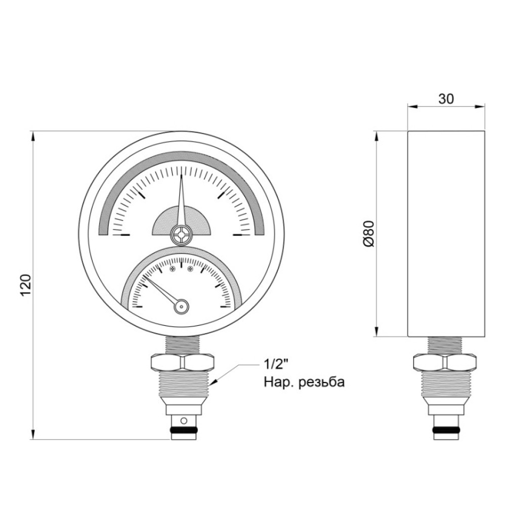 Термоманометр вертикальний SD Plus Ø80мм 1/2 1/2 120ºC 4 бар SD1724B