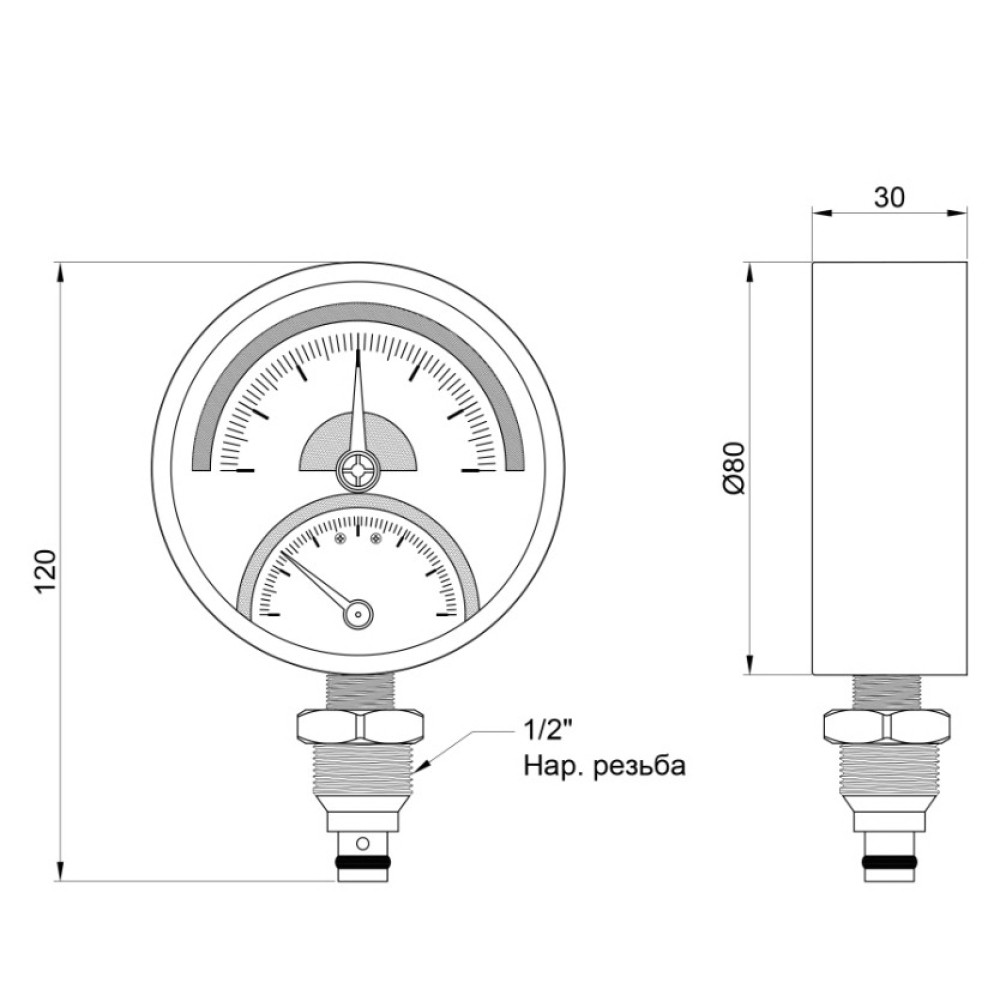 Термоманометр вертикальний SD Plus Ø80мм 1/2 1/2 120ºC 6 бар SD1726B